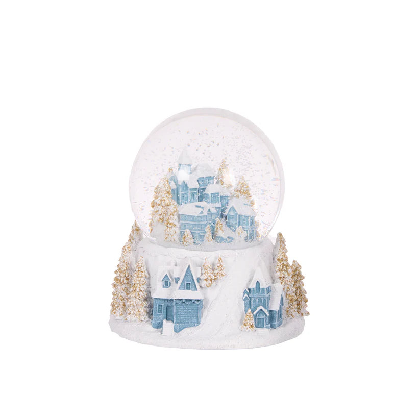 12CM - Musical, Blue And White Village Snow Globe