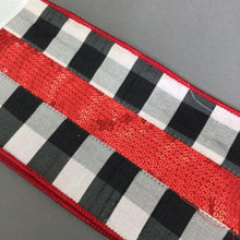 Load image into Gallery viewer, Black And White Chequer Ribbon With A Red Glitter Stripe.
