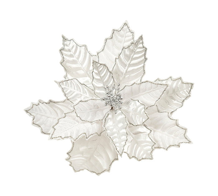 Extra Large Clip On White Poinsettia With Silver Details