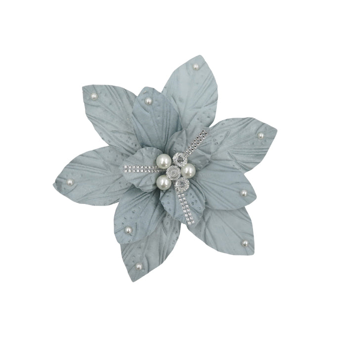 Light Blue Clip On Poinsettia With Pearls and Jewels