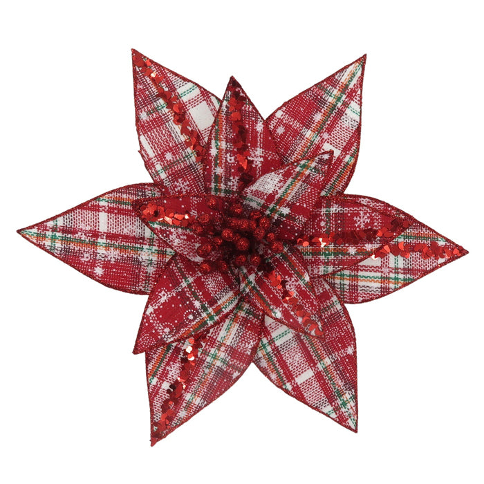 Red Tartan with Glitter Poinsettia Clip-on
