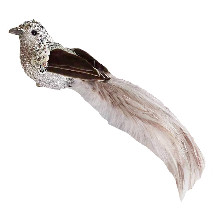 Silver and Brown Clip on Bird Decoration