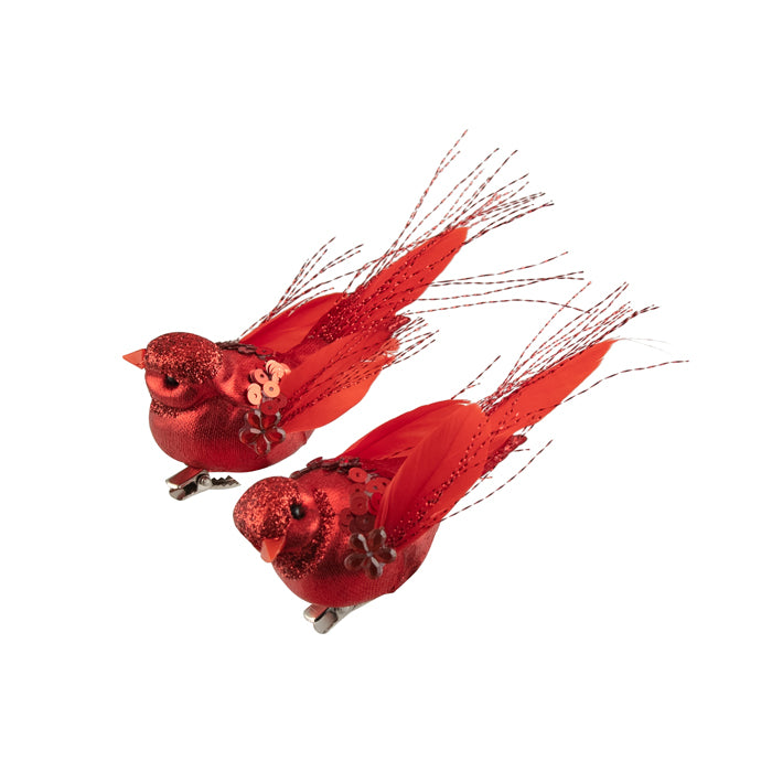 Red Clip On Birds With Sequins - Two Assorted