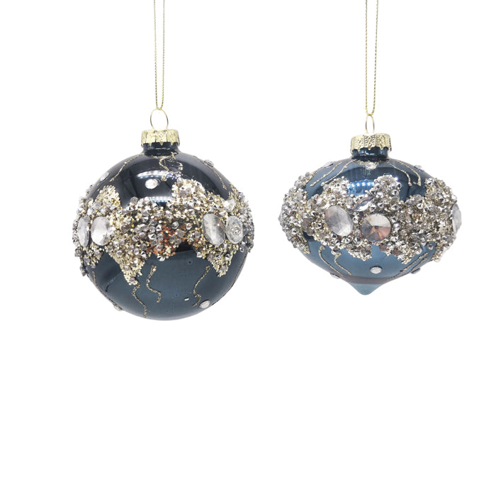 Blue Glass Bauble With Jewel Details- 2 Assorted