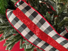 Load image into Gallery viewer, Black And White Chequer Ribbon With A Red Glitter Stripe.
