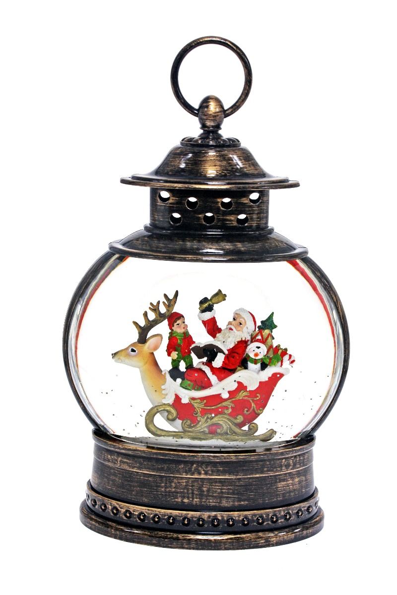 Round Santa in Sleigh Glitter Lantern