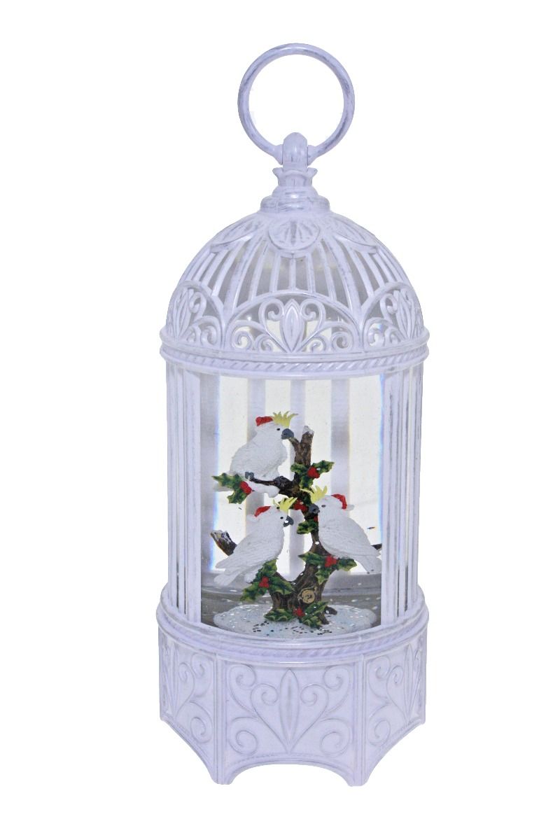 White Bird Cage with Cockatoos Glitter Lantern