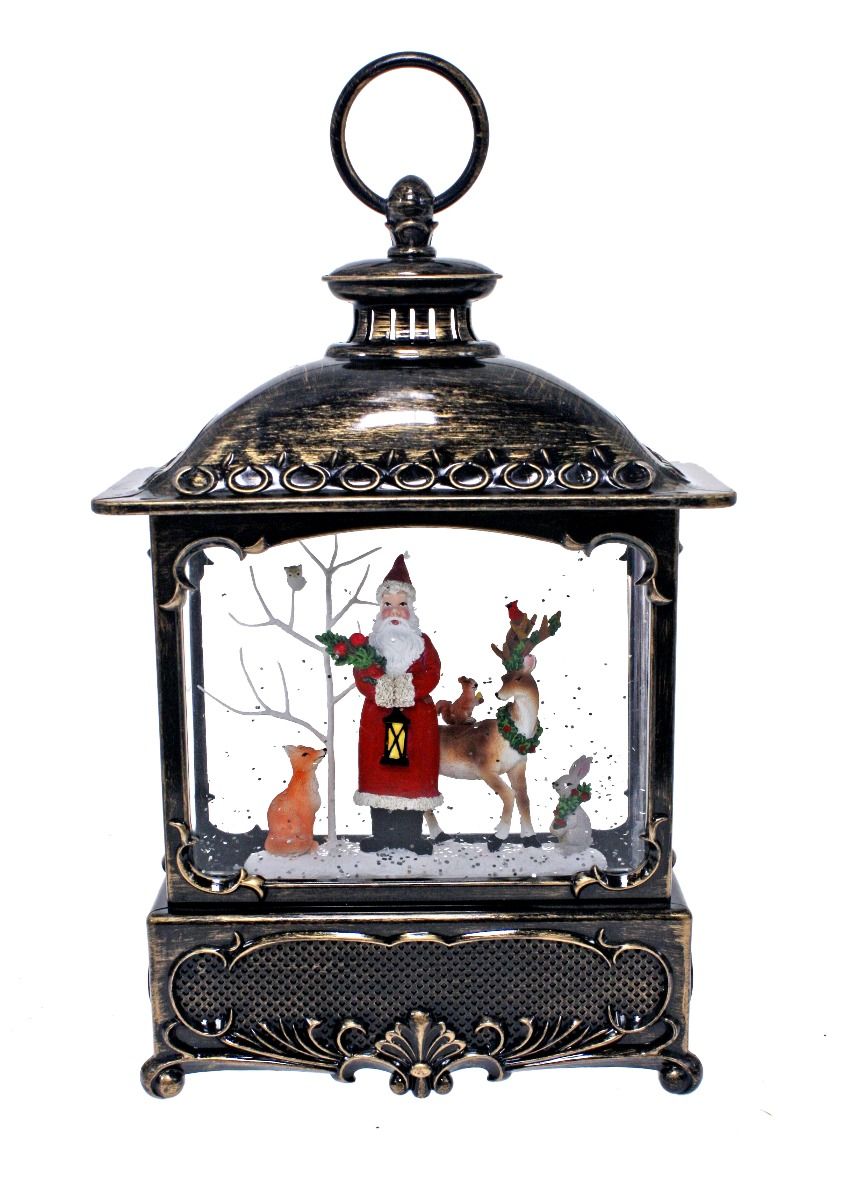 Santa with Woodland Animals Musical Glitter Lantern