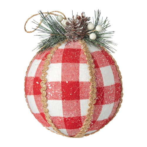 RAZ Red and White Buffalo Plaid Ball Ornament