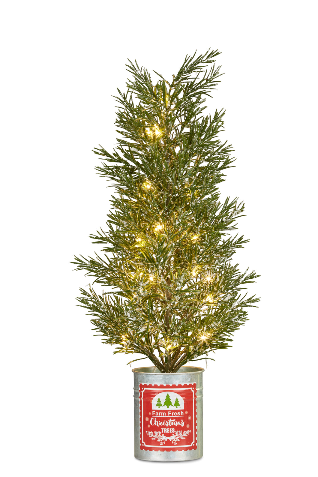 Table Top Christmas Tree with Lights and Rustic Tin Pot