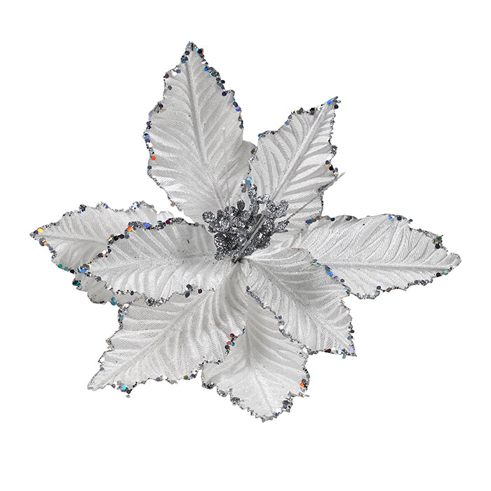 Clip On White Poinsettia With Silver Glitter Edge