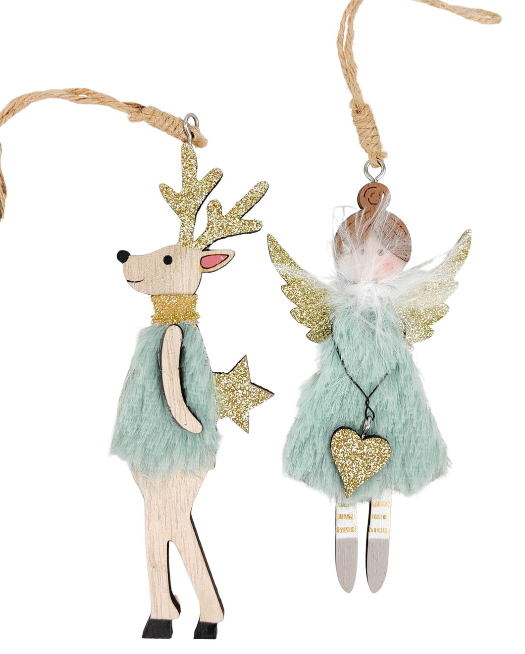 Fluffy Sage Reindeer and Angel Hanging Decoration - 2 Assorted