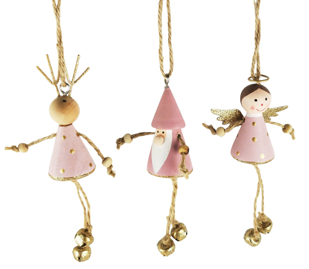 Reindeer, Santa & Angel with Bells Hanging Decoration Pink and Gold