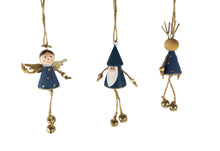 Load image into Gallery viewer, Reindeer, Santa &amp; Angel with Bells Hanging Decoration Blue &amp; Gold

