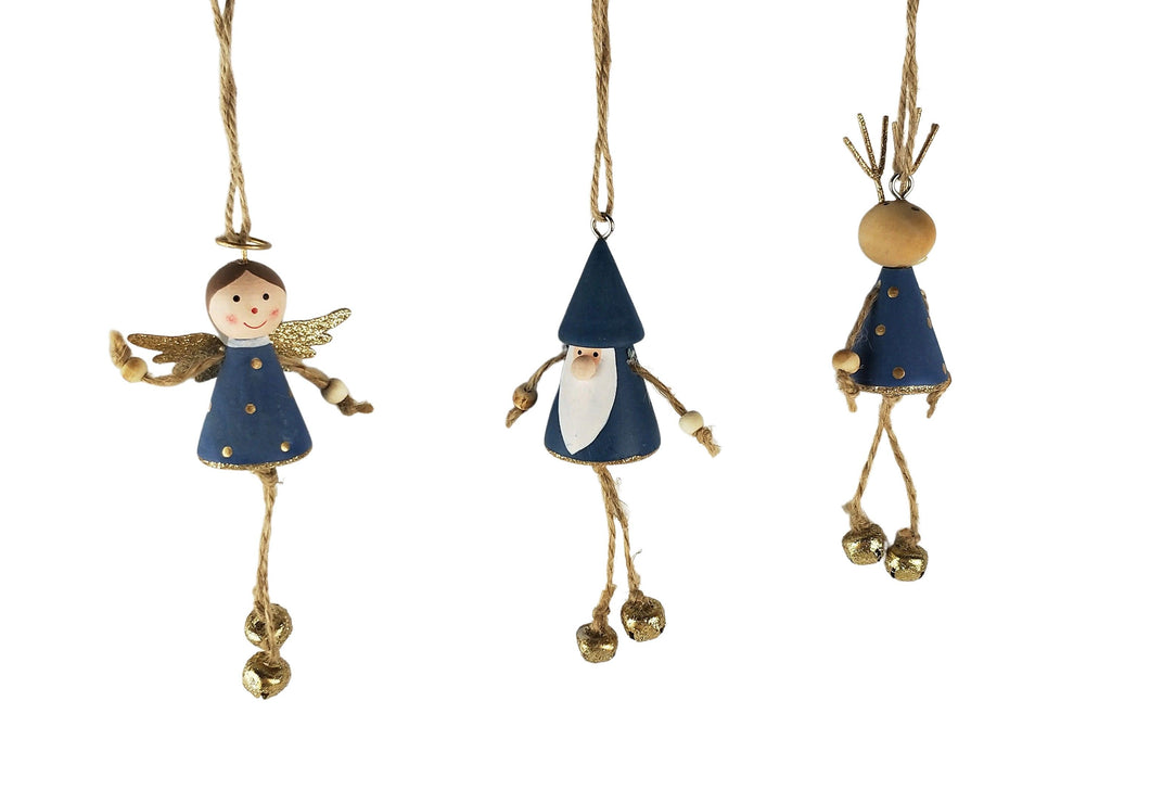 Reindeer, Santa & Angel with Bells Hanging Decoration Blue & Gold