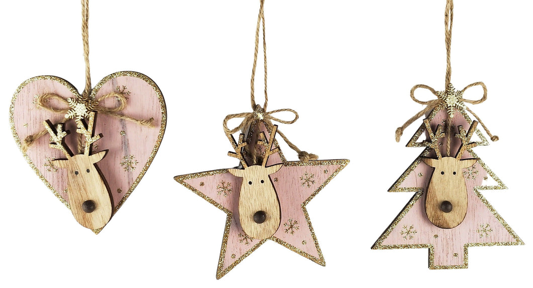 Quirky Reindeer on Tree, Heart & Star - 3 Assorted
