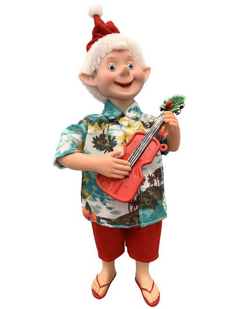 Holiday elf playing his ukulele